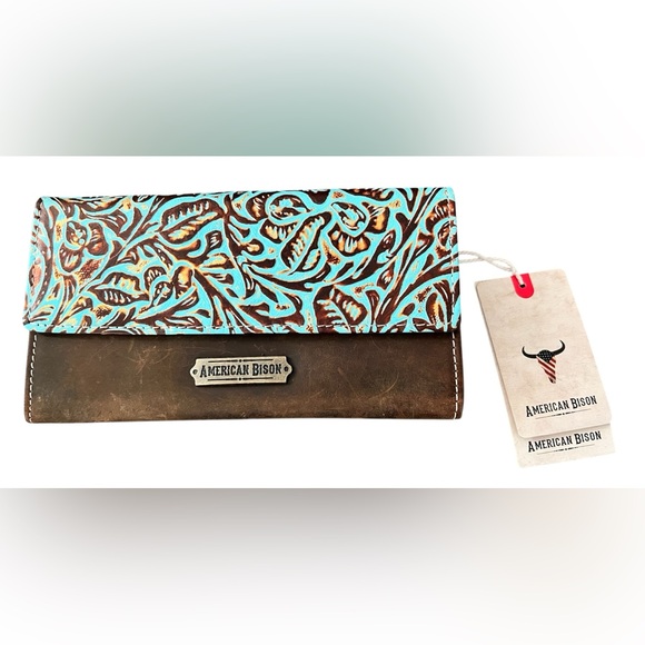 American Bison Handbags - American Bison Western Floral Embossed Leather Wallet Brown Turquoise NWT